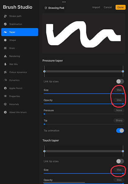 Adjust taper settings