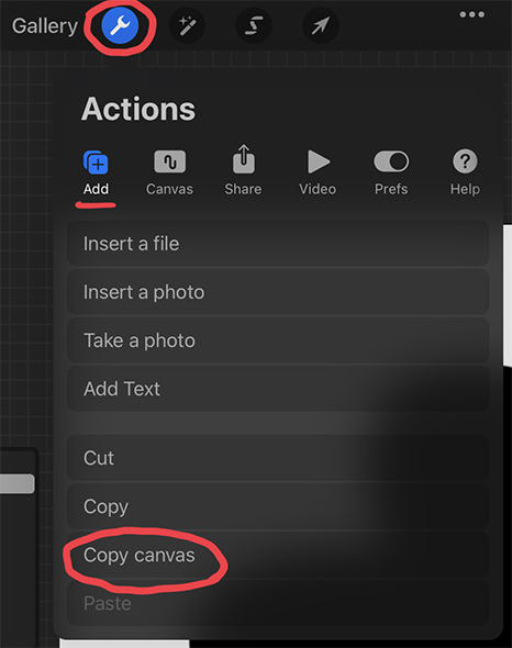 Select Copy Canvas from Procreate Action Menu