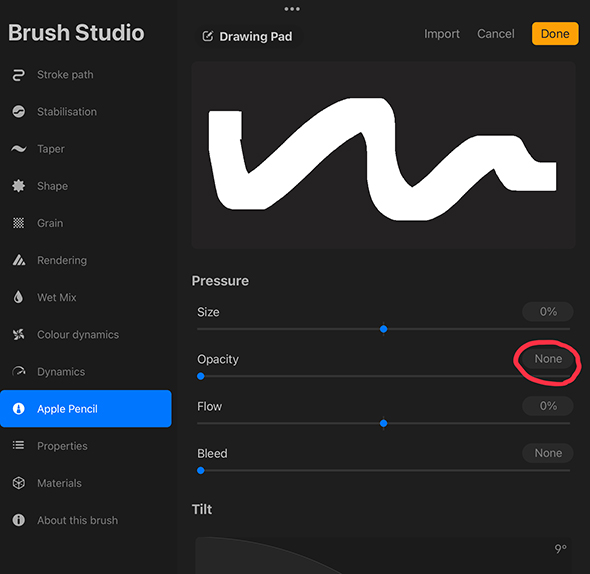Set opacity to none in Apple Pencil setting