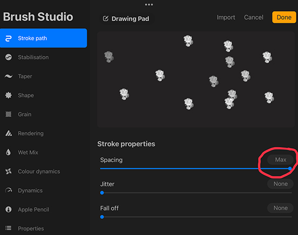 Set Spacing to Max in Stroke Path Setting