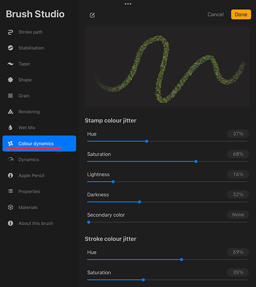 Procreate Brush Settings - Color Dynamics