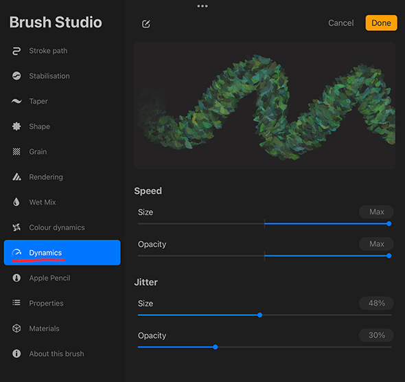 Procreate Brush Settings - Brush Dynamics