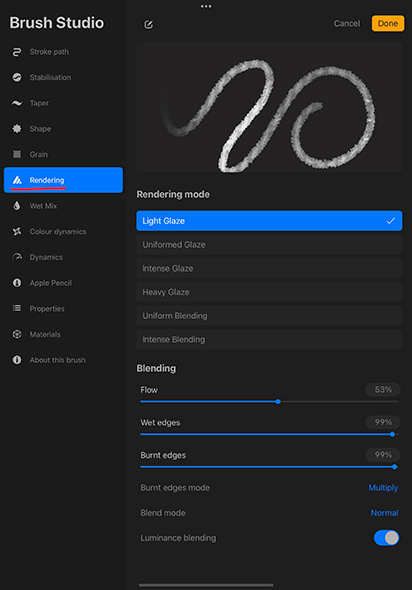 Procreate Brush Settings - Rendering Options