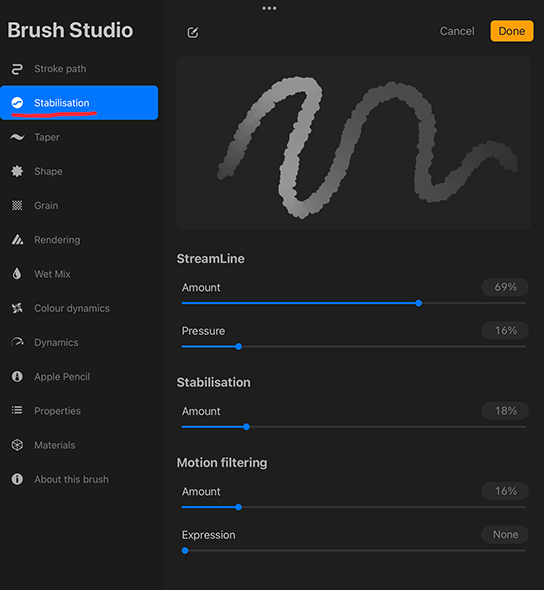 Procreate Brush Settings - Stabilisation Settings