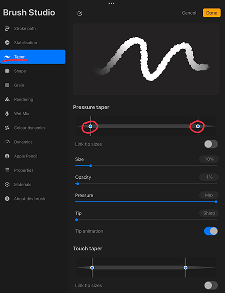 Procreate Brush Settings Taper Pressure