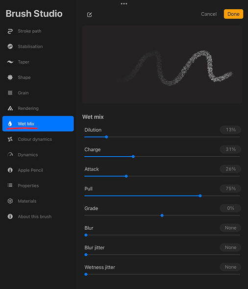 Procreate Brush Settings - Wet Mix Settings